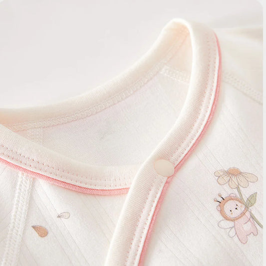 Newborn Unisex Baby Romper 100% Cotton Long Sleeve O-Neck Jumpsuit for Hospital Stay Cute Print Tatting Closure 0-6 Months