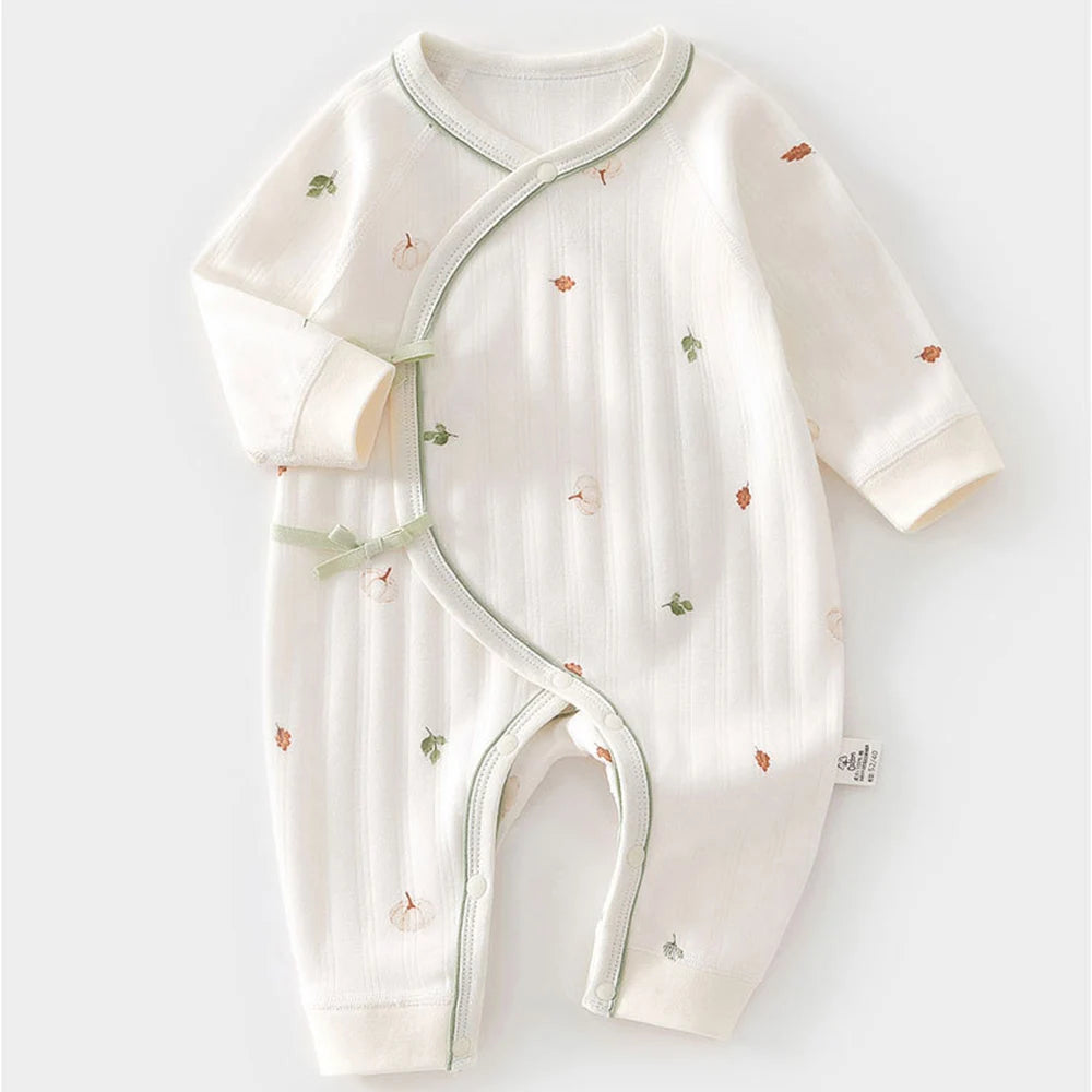 Newborn Unisex Baby Romper 100% Cotton Long Sleeve O-Neck Jumpsuit for Hospital Stay Cute Print Tatting Closure 0-6 Months