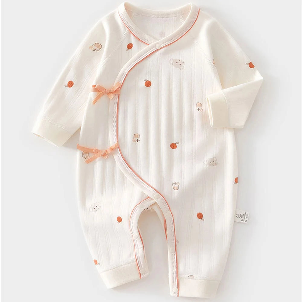 Newborn Unisex Baby Romper 100% Cotton Long Sleeve O-Neck Jumpsuit for Hospital Stay Cute Print Tatting Closure 0-6 Months