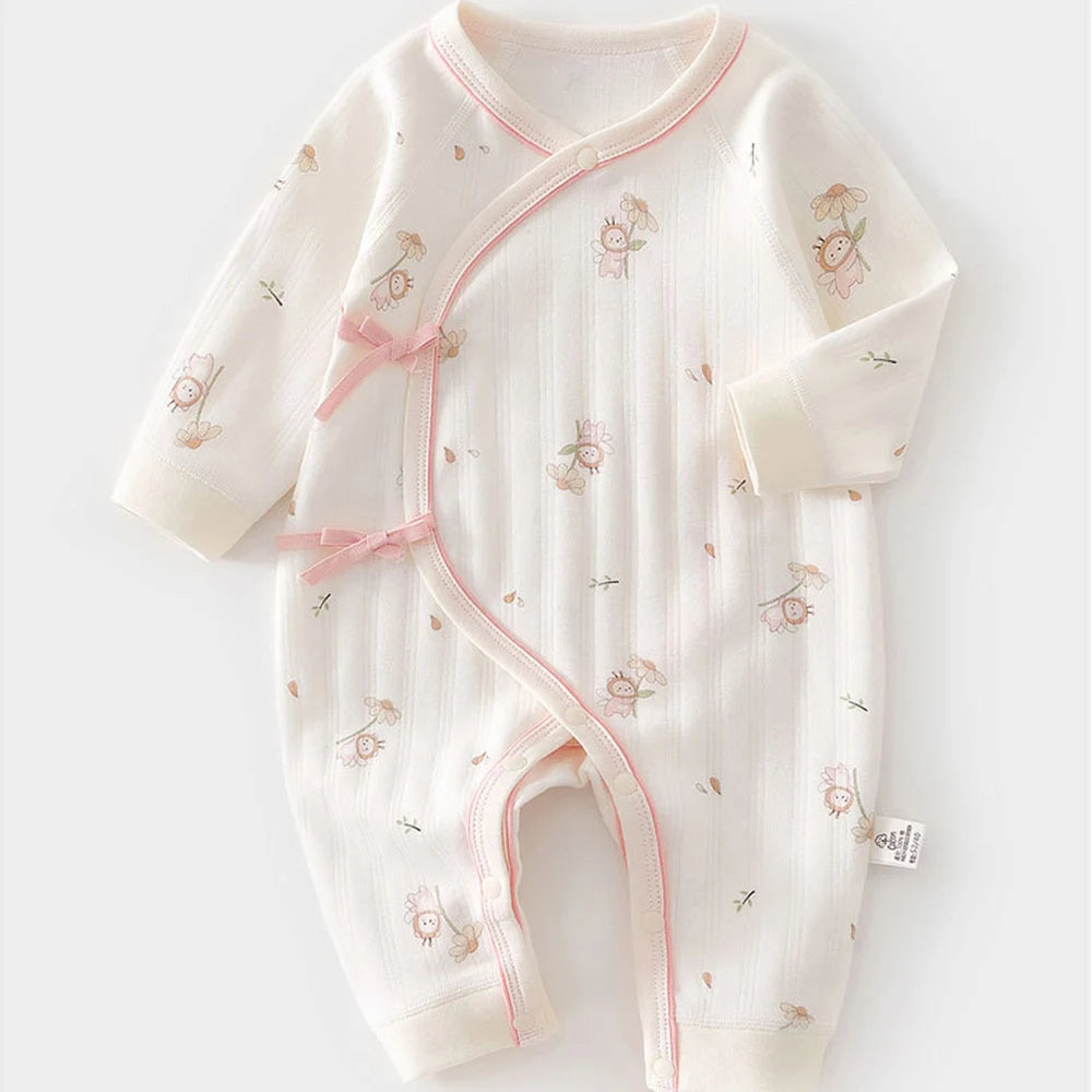 Newborn Unisex Baby Romper 100% Cotton Long Sleeve O-Neck Jumpsuit for Hospital Stay Cute Print Tatting Closure 0-6 Months
