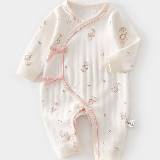 Newborn Unisex Baby Romper 100% Cotton Long Sleeve O-Neck Jumpsuit for Hospital Stay Cute Print Tatting Closure 0-6 Months
